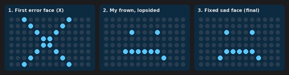 Three versions of the error face: an X, a lopsided frown, and the fixed sad face