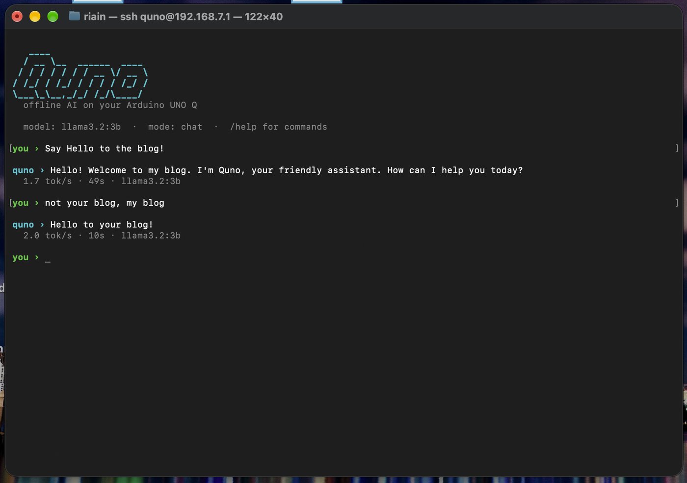 Terminal showing the Quno banner and a short chat with llama3.2:3b